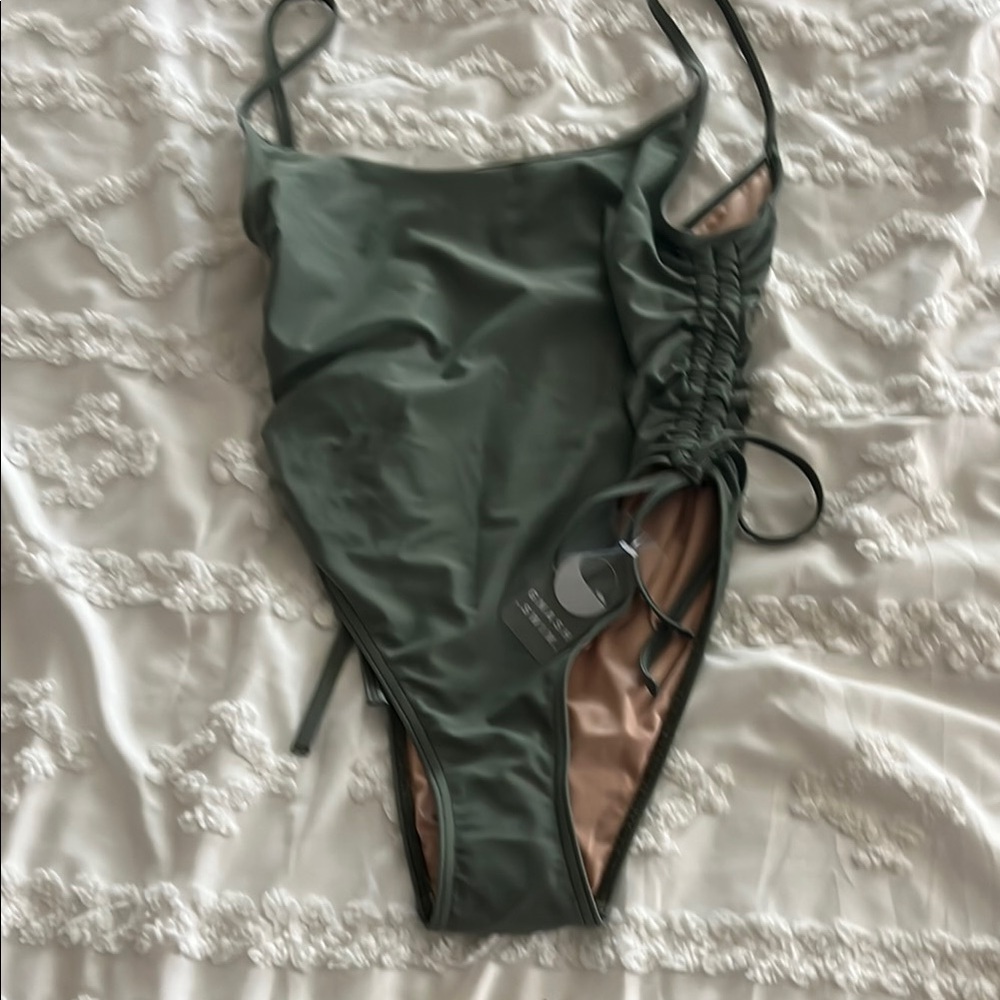 Free People Gnash Moss Green Ruched One-Piece Swimsuit size 8 NWT